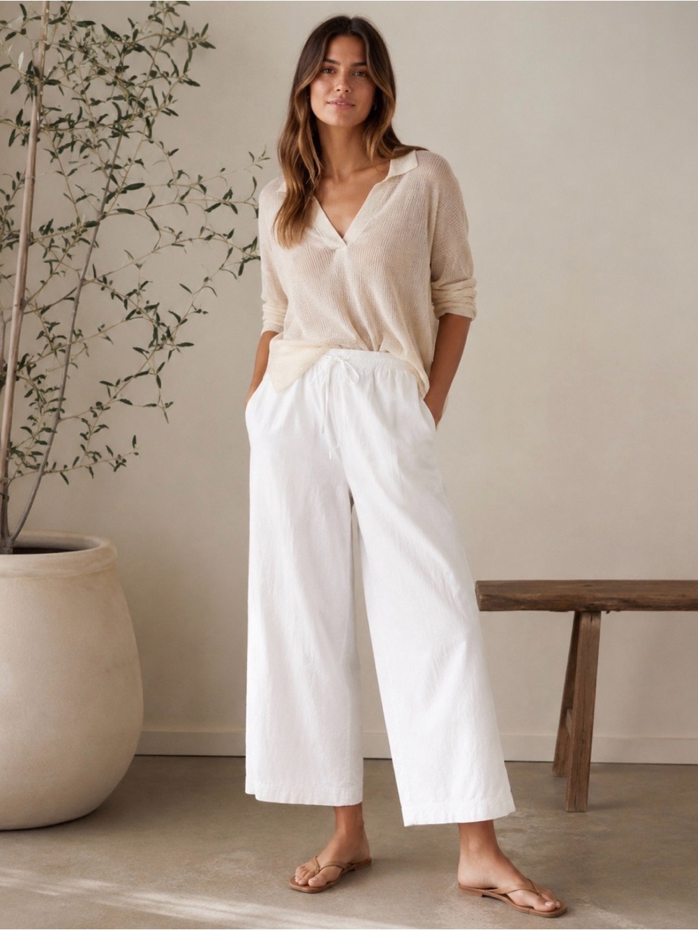 Athleta Paradise Wide Leg Linen Blend Drawstring Pants White Large Summer